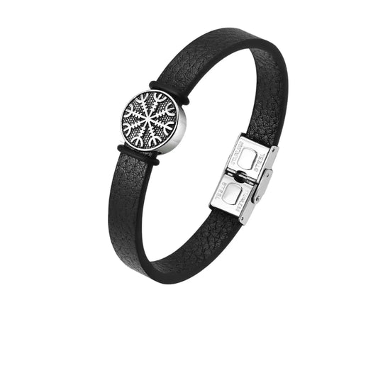 Pulseira Masculina em Couro e Aço Viking Compass