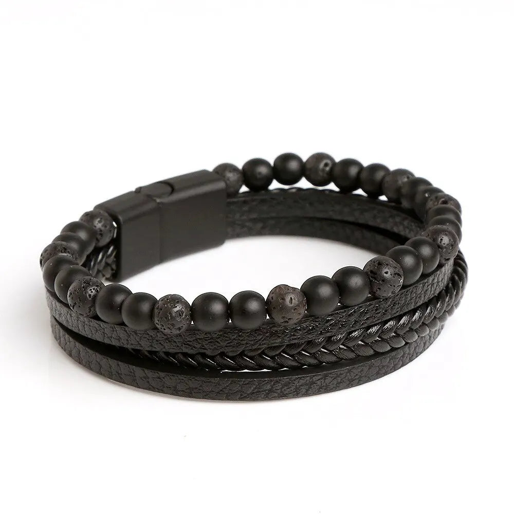 Pulseira Masculina em Couro e Pedras Naturais Tiger