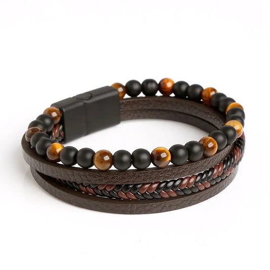 Pulseira Masculina em Couro e Pedras Naturais Tiger