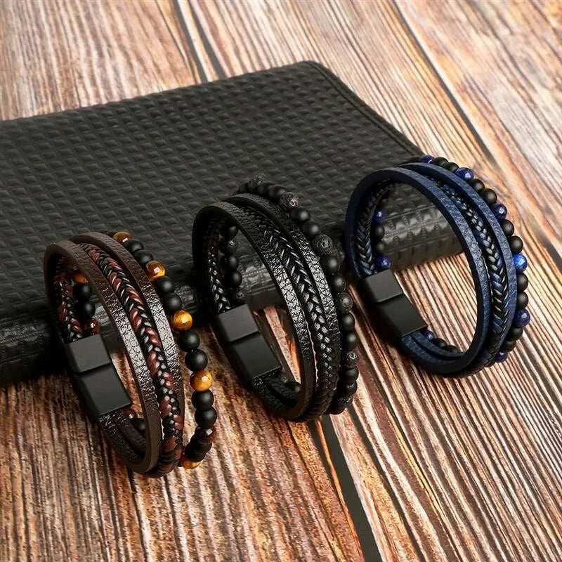 Pulseira Masculina em Couro e Pedras Naturais Tiger