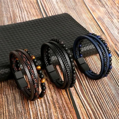 Pulseira Masculina em Couro e Pedras Naturais Tiger