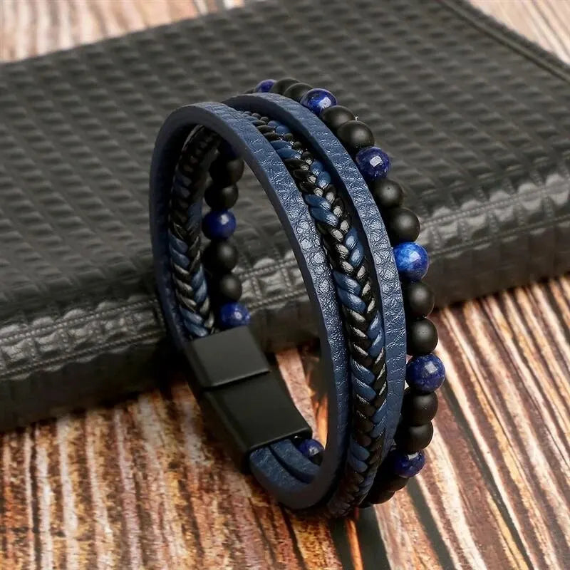 Pulseira Masculina em Couro e Pedras Naturais Tiger