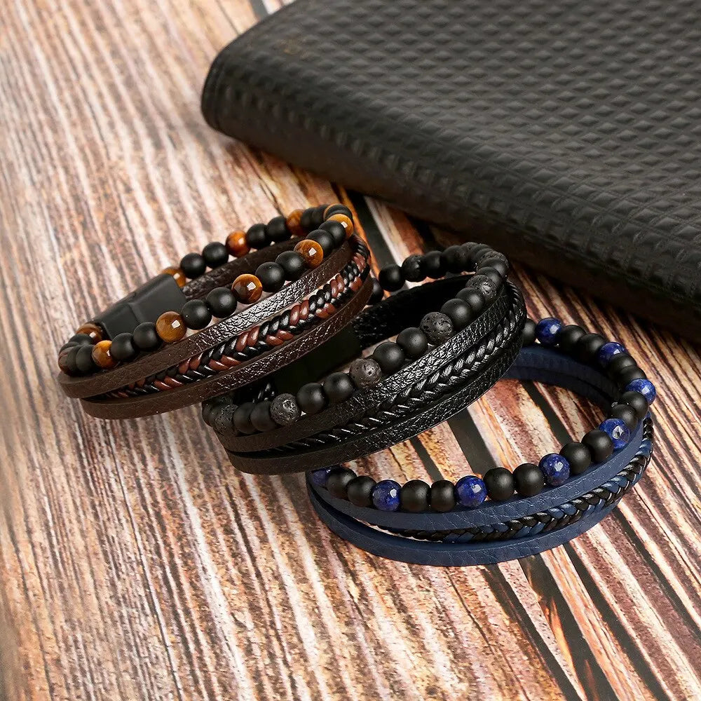 Pulseira Masculina em Couro e Pedras Naturais Tiger