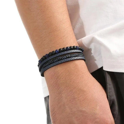 Pulseira Masculina em Couro e Pedras Naturais Tiger