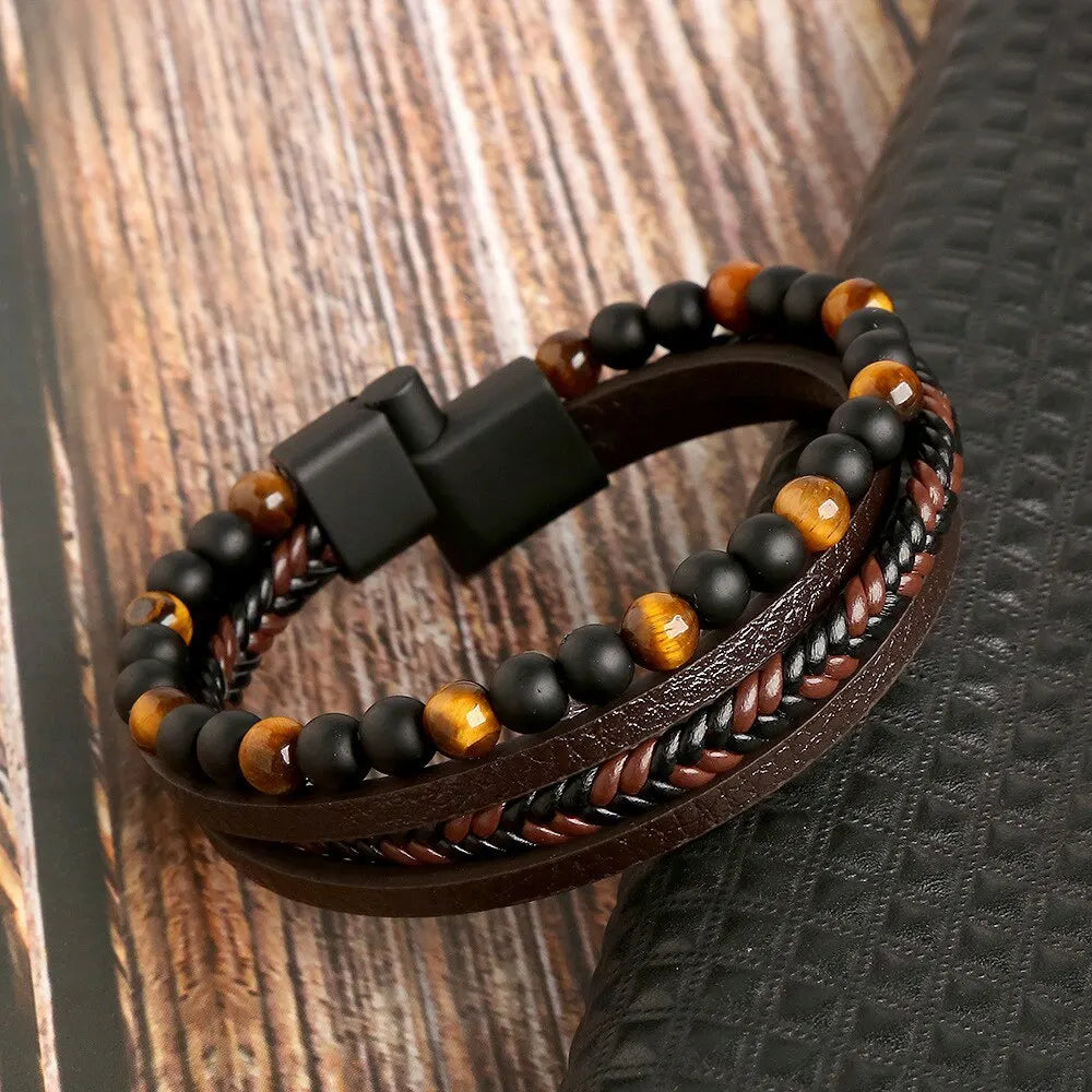 Pulseira Masculina em Couro e Pedras Naturais Tiger