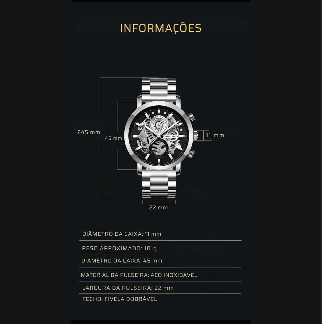 Relógio Masculino Aço Inox Quartzo Hannah Martin Engine