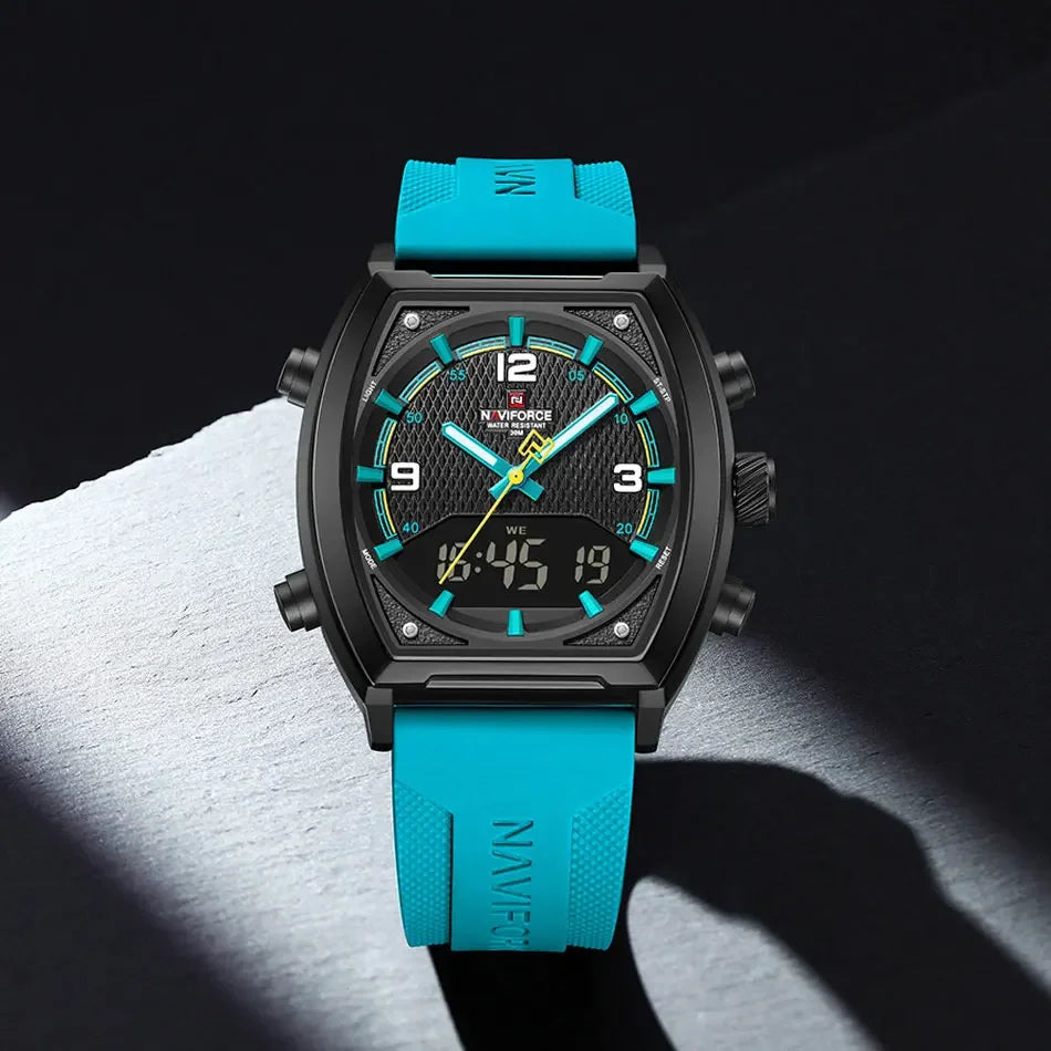 Relógio Masculino Esportivo Pulseira de Silicone Quartzo Naviforce LCD Dual