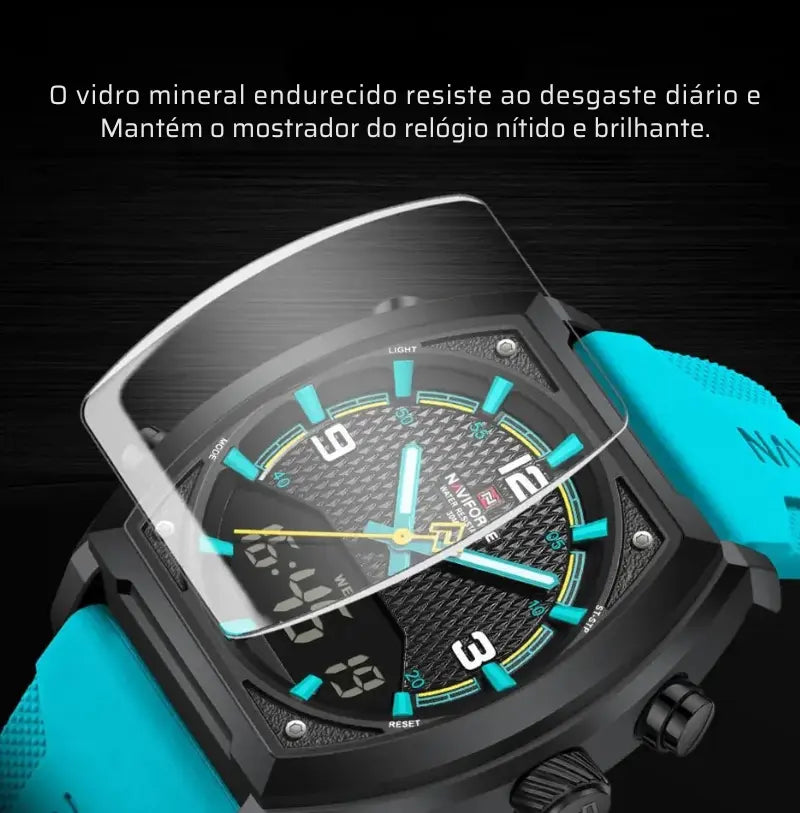 Relógio Masculino Esportivo Pulseira de Silicone Quartzo Naviforce LCD Dual