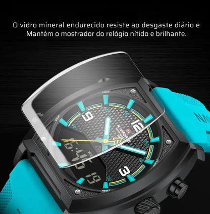 Relógio Masculino Esportivo Pulseira de Silicone Quartzo Naviforce LCD Dual