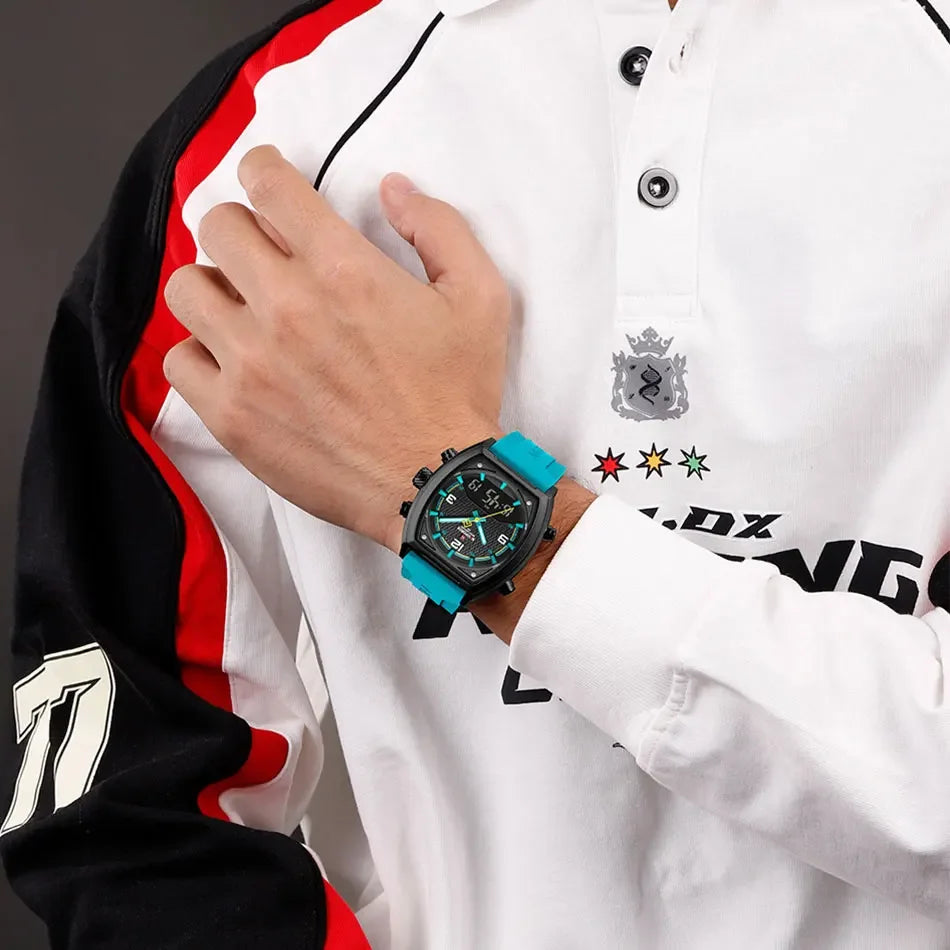 Relógio Masculino Esportivo Pulseira de Silicone Quartzo Naviforce LCD Dual