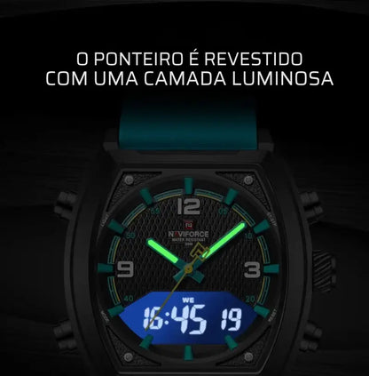 Relógio Masculino Esportivo Pulseira de Silicone Quartzo Naviforce LCD Dual