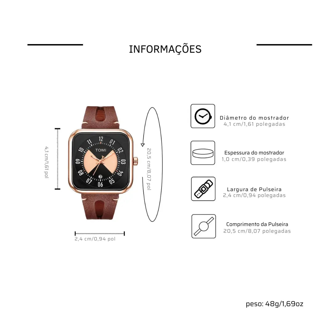 Relógio Masculino Pulseira de Couro Quadrado Quartzo Kronos