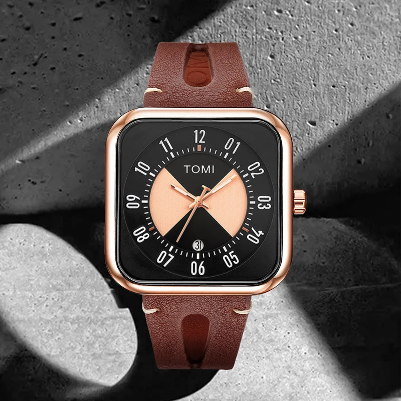 Relógio Masculino Pulseira de Couro Quadrado Quartzo Kronos