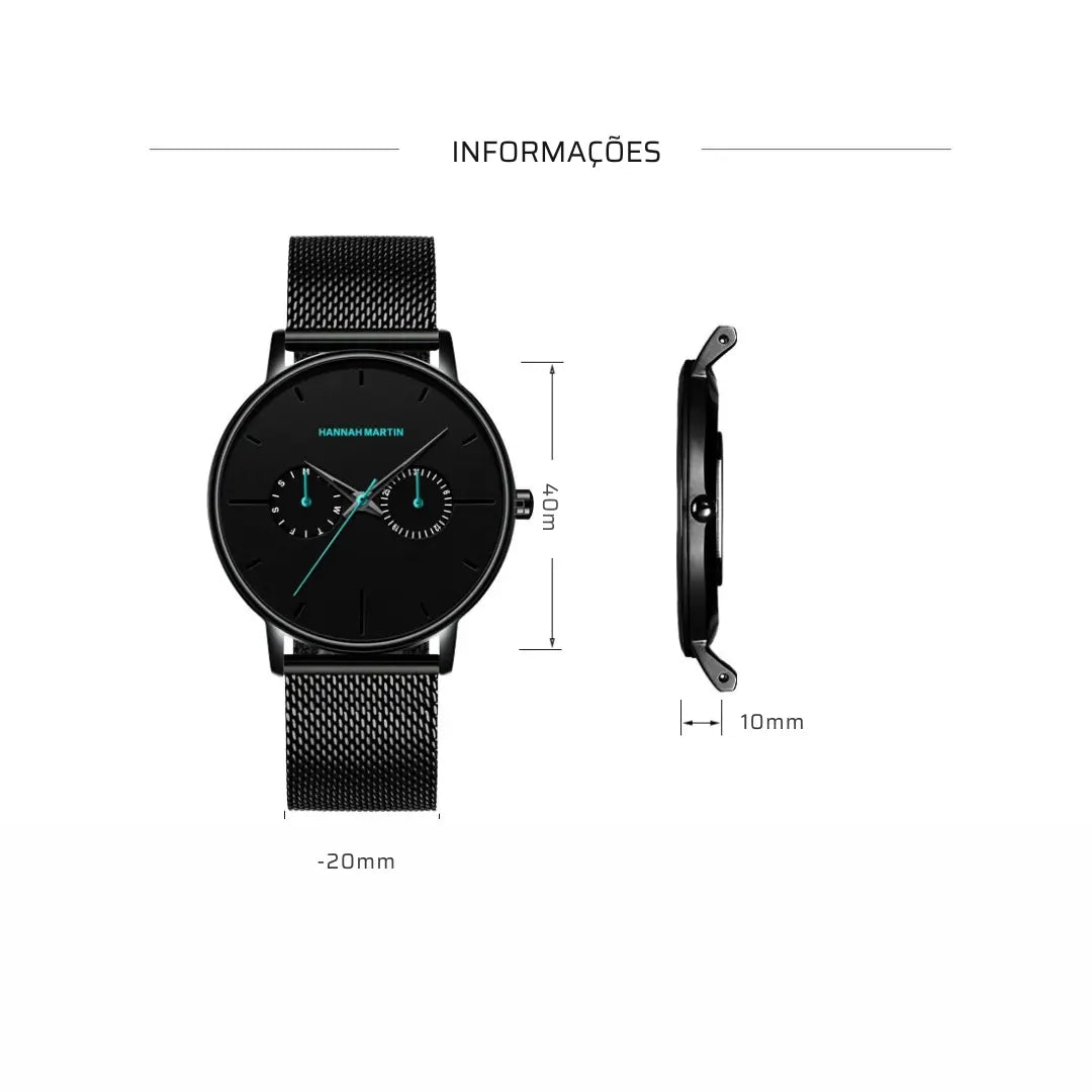 Relógio Masculino Pulseira de Couro Quartzo Hannah Martin Luxury Blues