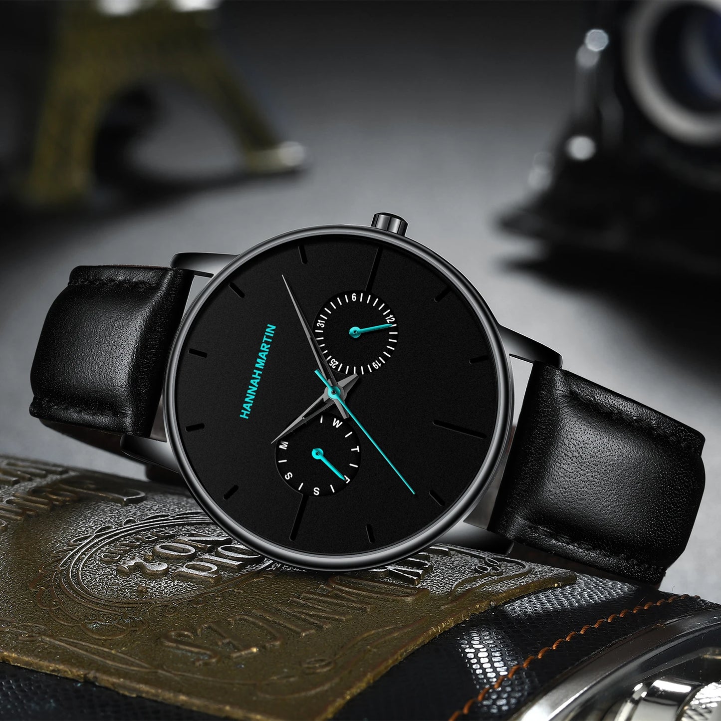Relógio Masculino Pulseira de Couro Quartzo Hannah Martin Luxury Blues