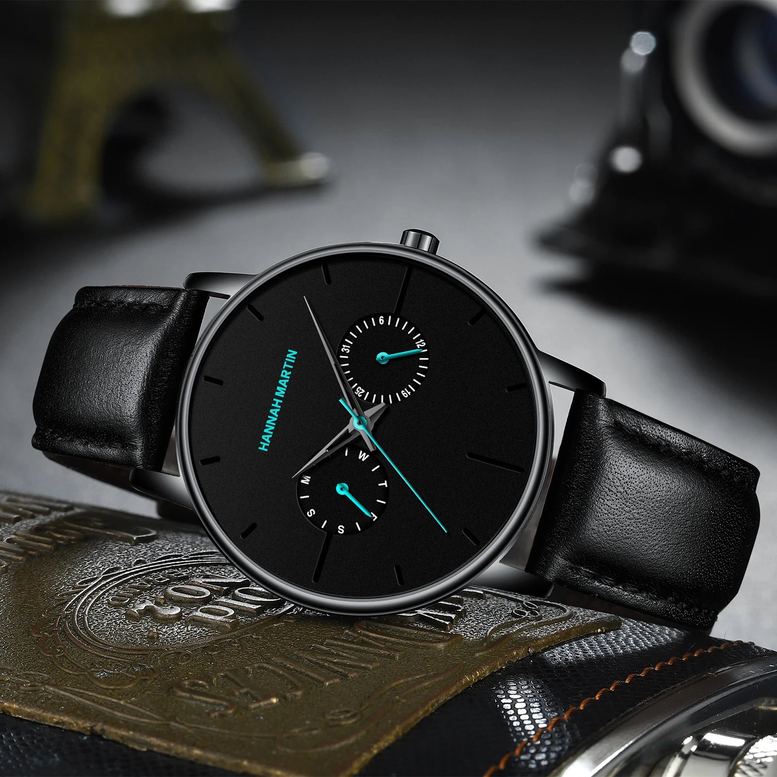 Relógio Masculino Pulseira de Couro Quartzo Hannah Martin Luxury Blues