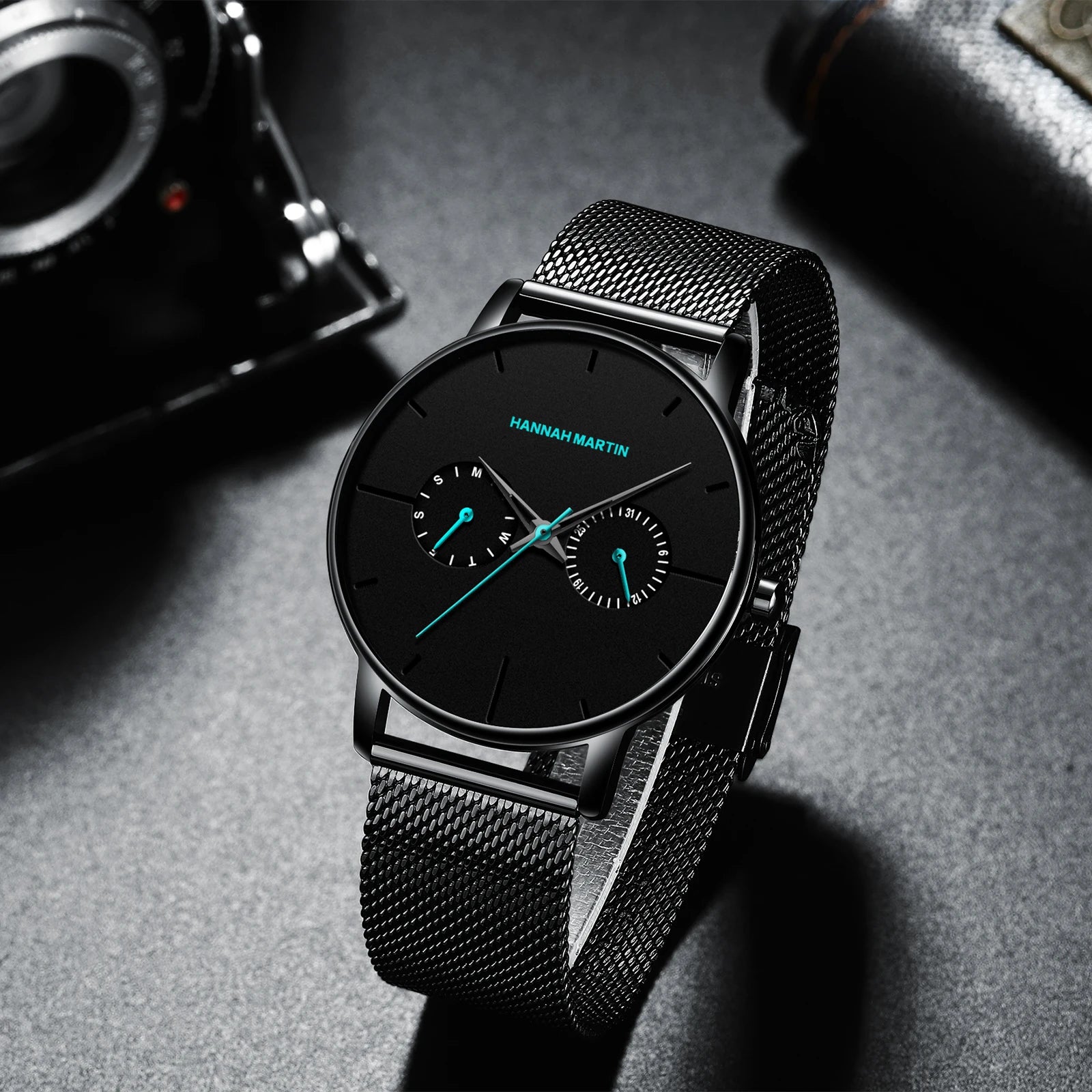 Relógio Masculino Pulseira de Couro Quartzo Hannah Martin Luxury Blues