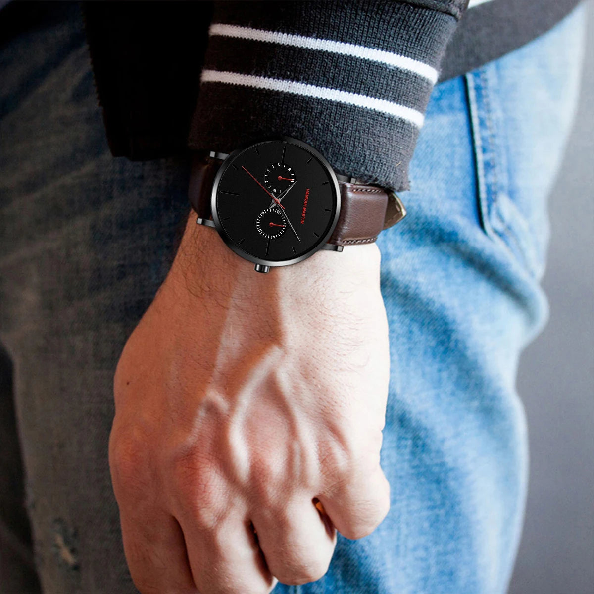 Relógio Masculino Pulseira de Couro Quartzo Hannah Martin Luxury Blues