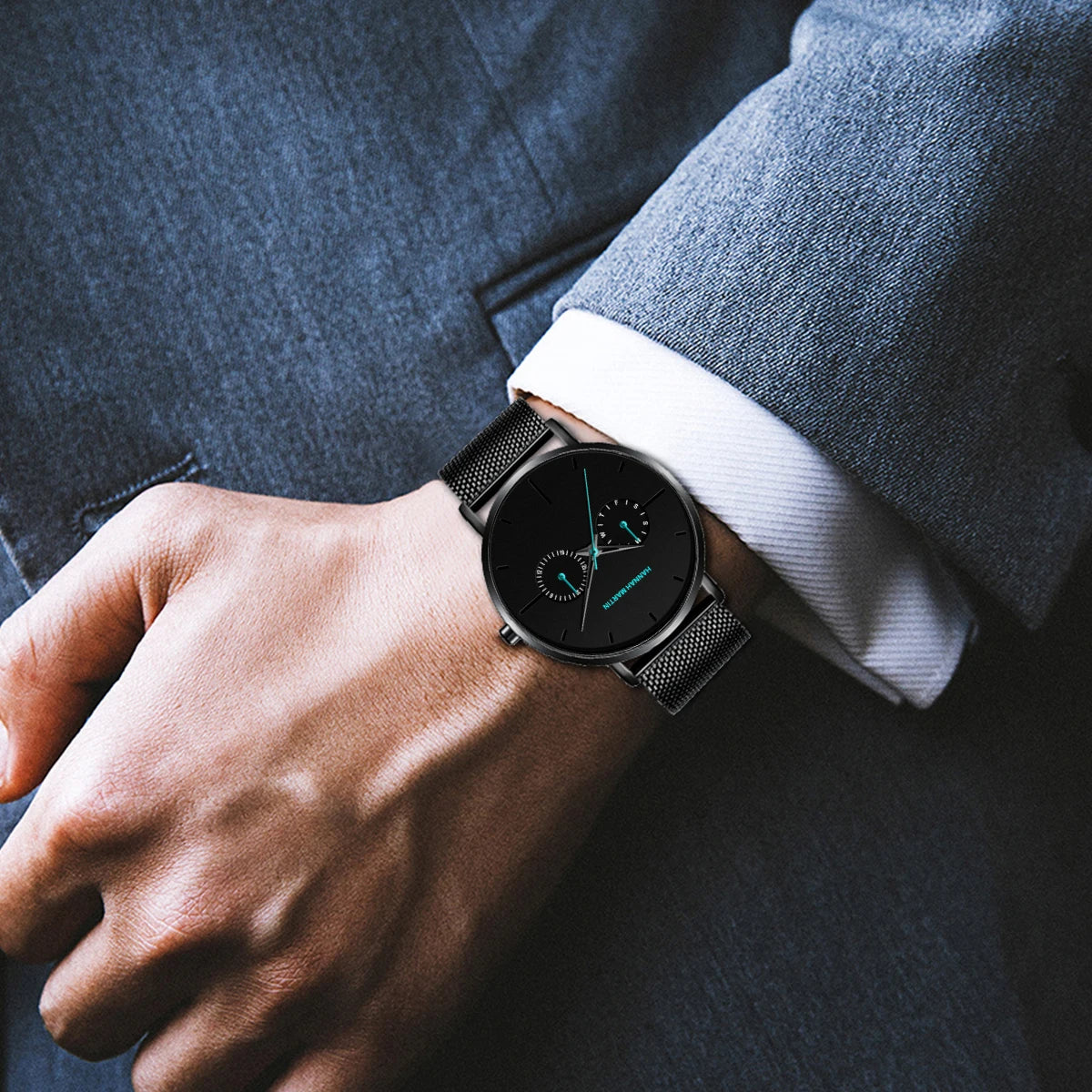 Relógio Masculino Pulseira de Couro Quartzo Hannah Martin Luxury Blues