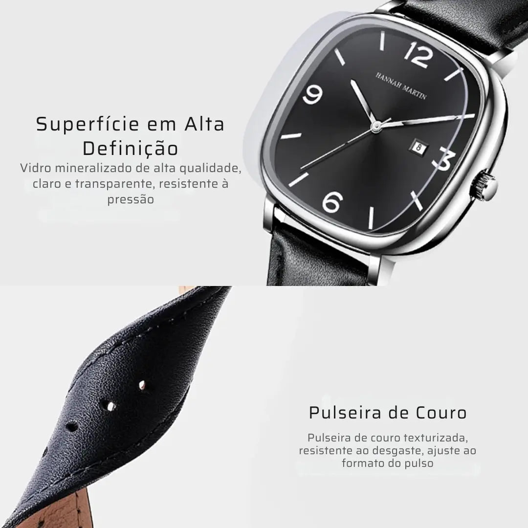Relógio Masculino Pulseira de Couro Quartzo Hannah Martin Square