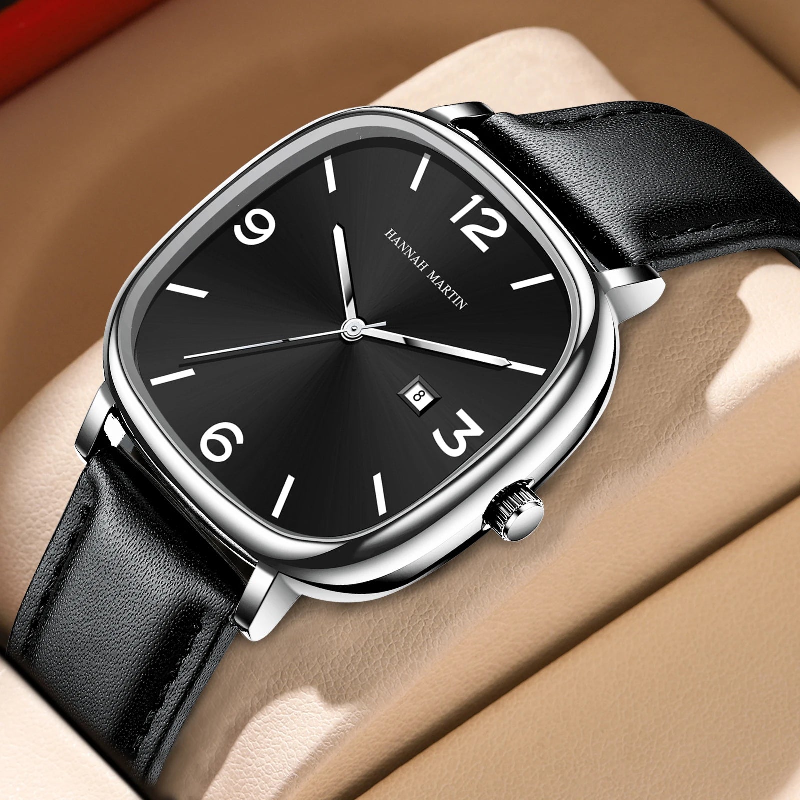 Relógio Masculino Pulseira de Couro Quartzo Hannah Martin Square