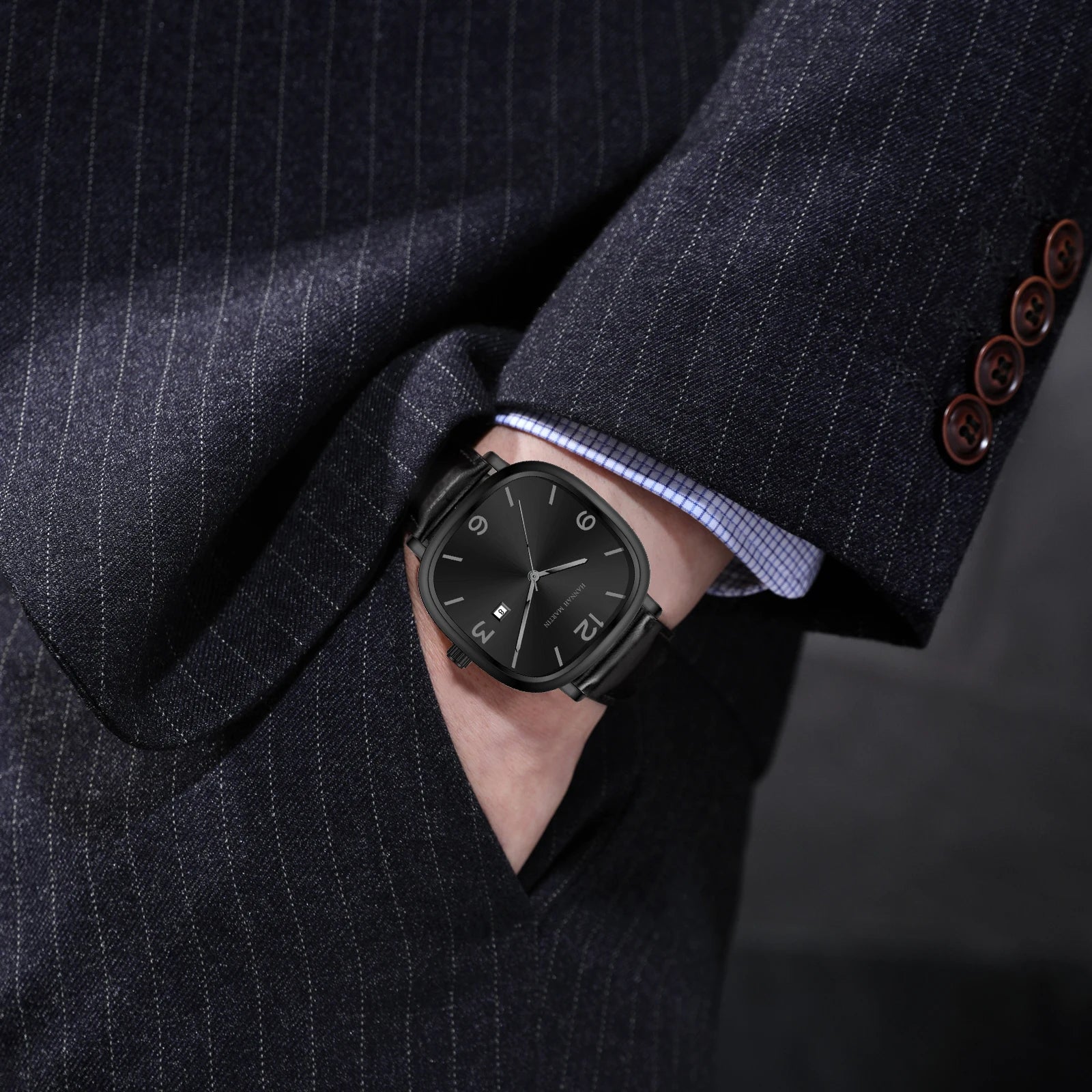 Relógio Masculino Pulseira de Couro Quartzo Hannah Martin Square