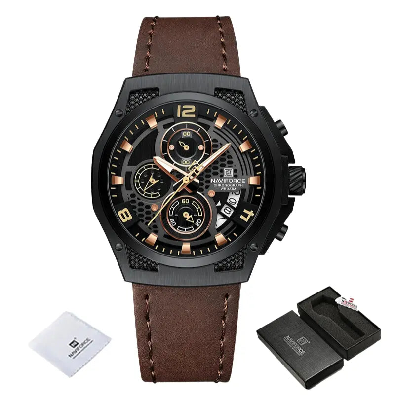 Relógio Masculino Pulseira de Couro Quartzo Naviforce Luxury