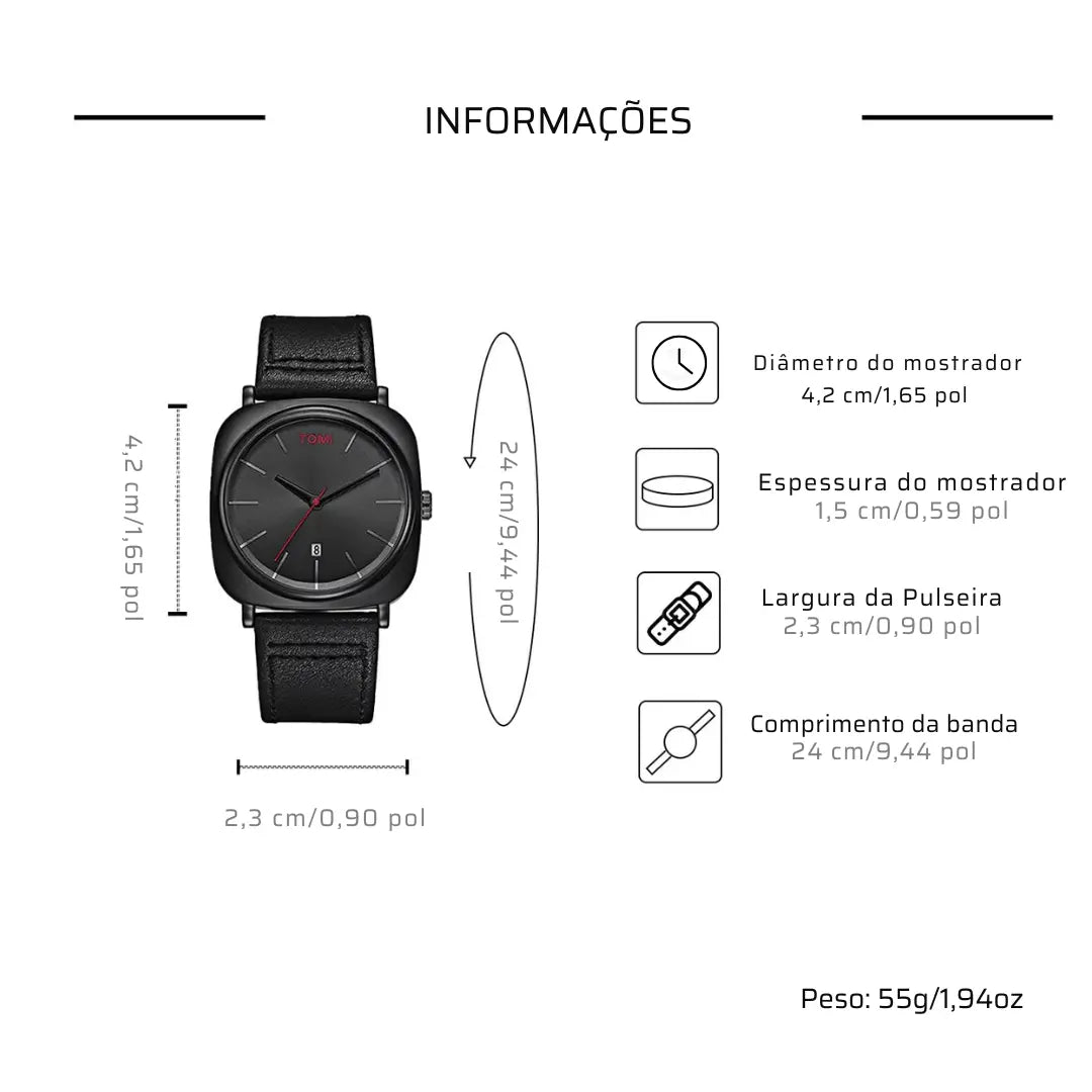 Relógio Masculino Quadrado Pulseira de Couro Proteo