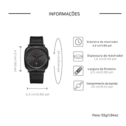 Relógio Masculino Quadrado Pulseira de Couro Proteo