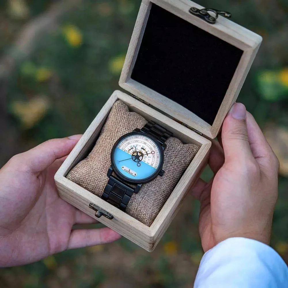 Relógio Masculino em Madeira e Aço Mecânico Bobo Bird Compass